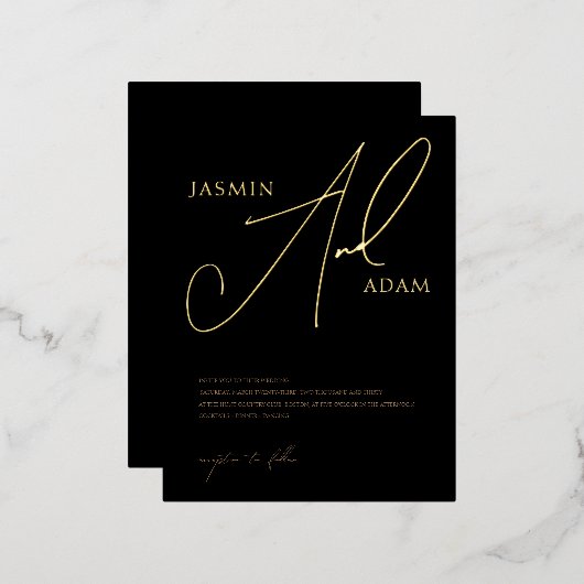 Eenvoudig zwart goud script bruiloft goud folie uitnodiging briefkaart (Voorkant / Achterkant)