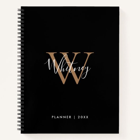 Eenvoudig zwart goud script monogram naam notitieb notitieboek (Voorkant)