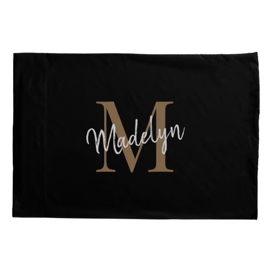 Eenvoudig zwart goudmonogram elegant eminine-scrip kussensloop (Achterkant)