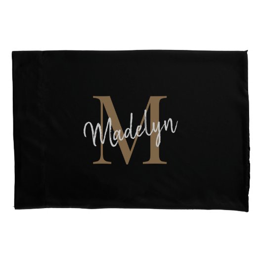 Eenvoudig zwart goudmonogram elegant eminine-scrip kussensloop (Voorkant)