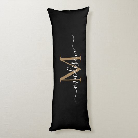 Eenvoudig zwart goudmonogram elegant eminine-scrip lichaamskussen (Achterkant (Verticaal))