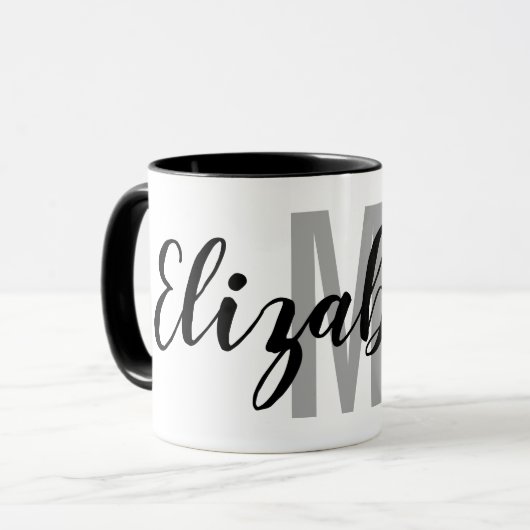 Eenvoudig zwart grijs handschrift monogram mok (Voorkant links)
