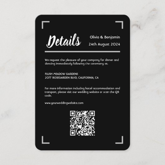 Eenvoudig zwart handgeschreven script bruiloft QR- Informatiekaartje (Voorkant)