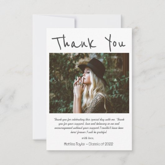 Eenvoudig zwart handschrift foto Afstuderen Bedankkaart (Voorkant)