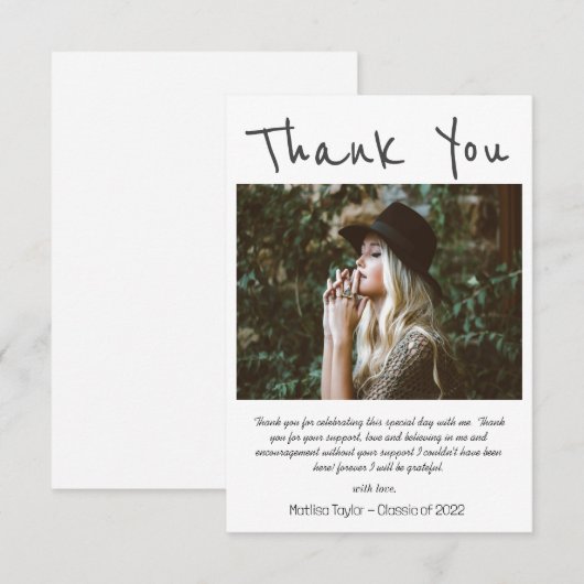 Eenvoudig zwart handschrift foto Afstuderen Bedankkaart (Voorkant / Achterkant)