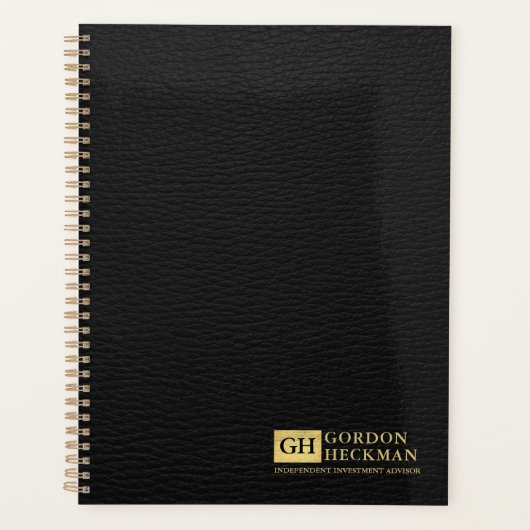 Eenvoudig zwart leder, aangepast monogram planner (Voorkant)