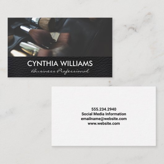 Eenvoudig zwart leder | Make-upborstels Kit Visitekaartje (Voorkant / Achterkant)