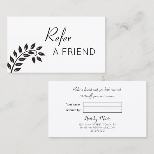 Eenvoudig zwart leder Verwijs een vriend Aanbevelingskaartje (Voorkant / Achterkant)