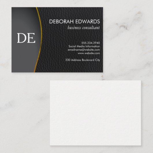 Eenvoudig zwart lederen monogram visitekaartje (Voorkant / Achterkant)