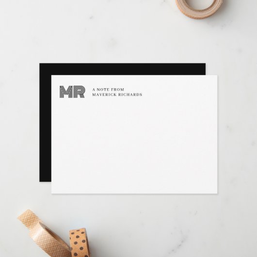 Eenvoudig zwart mannelijk monogram notitiekaartje (Voorkant / Achterkant in situ)