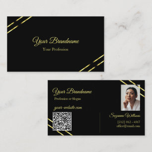 Eenvoudig Zwart met Gouden Lijnen Foto en QR-code Visitekaartje