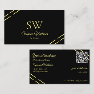 Eenvoudig zwart met gouden lijnen Monogram en QR-c Visitekaartje