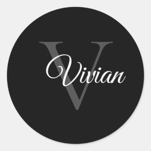 Eenvoudig zwart met grijze monogram en witte naam ronde sticker