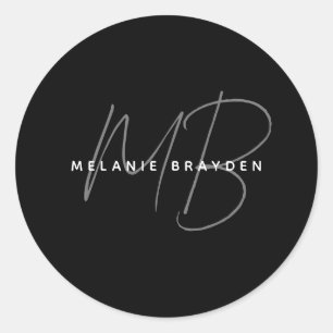Eenvoudig zwart Minimalist Twee Monogram Naam Ronde Sticker