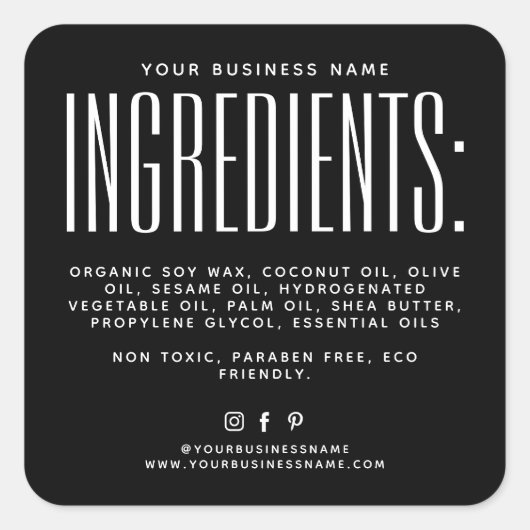 Eenvoudig zwart minimalistisch kaarsingrediëntenla vierkante sticker (Voorkant)