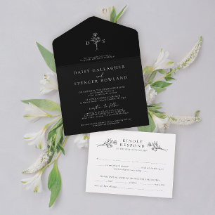 Eenvoudig Zwart Modern Bloemen Monogram Huwelijk All In One Uitnodiging