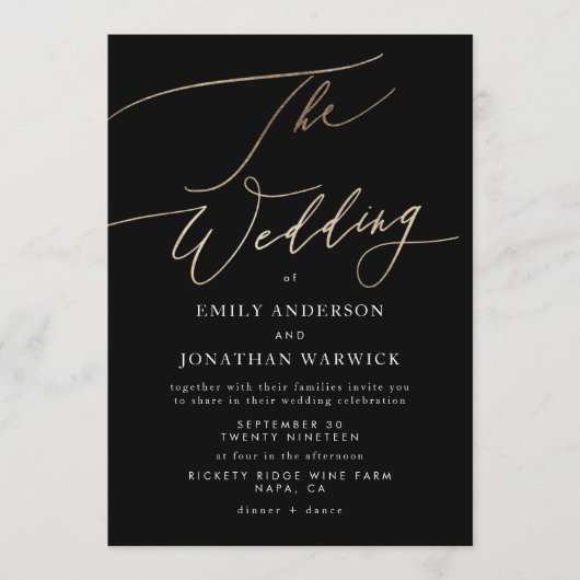 Eenvoudig zwart, modern Gold Calligraphy Weddensch Kaart (Voorkant)
