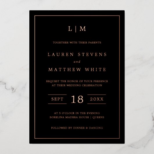 Eenvoudig zwart monogram elegante bruiloft folie uitnodiging (Voorkant)