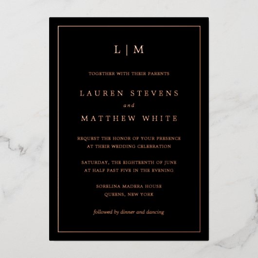 Eenvoudig zwart monogram elegante bruiloft folie uitnodiging (Voorkant)