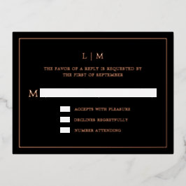 Eenvoudig zwart monogram elegante bruiloft RSVP Folie Uitnodiging Briefkaart