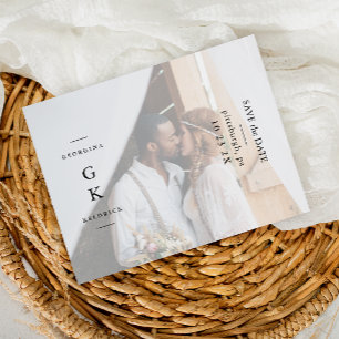 Eenvoudig zwart monogram foto bruiloft Opslaan van Briefkaart