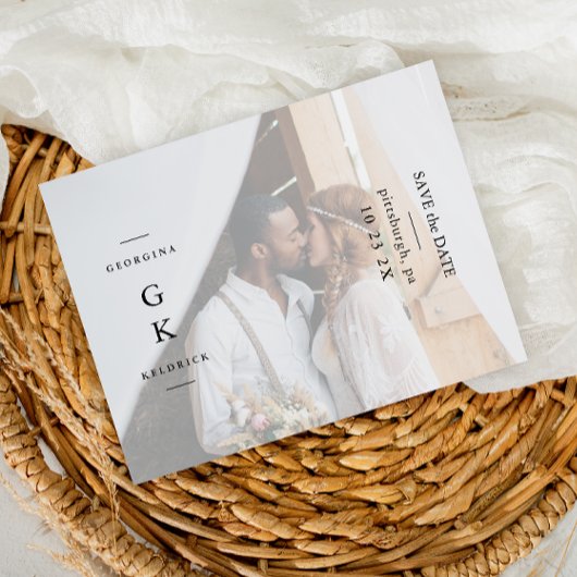 Eenvoudig zwart monogram foto bruiloft Opslaan van Briefkaart