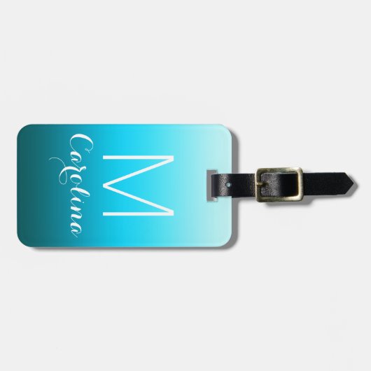 Eenvoudig zwart naar Aqua Blue Gradient Monogram Bagagelabel (Voorkant horizontaal)