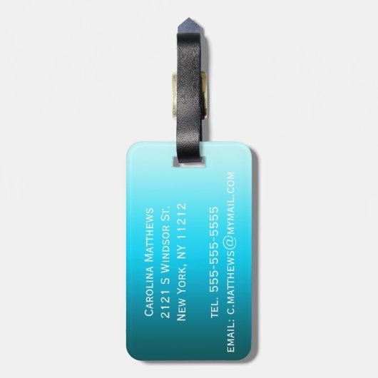 Eenvoudig zwart naar Aqua Blue Gradient Monogram Bagagelabel (Achterkant verticaal)