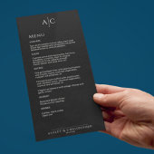 Eenvoudig zwart noir monogram bruiloft receptie menu