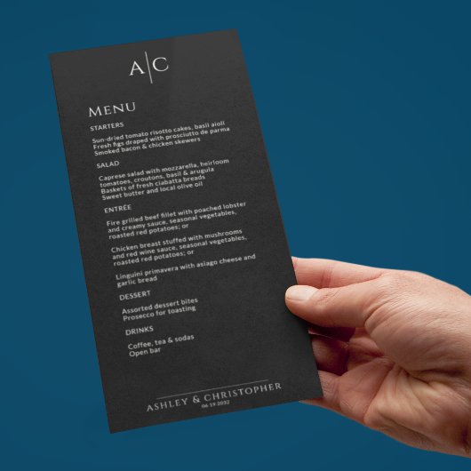 Eenvoudig zwart noir monogram bruiloft receptie menu