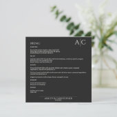 Eenvoudig zwart noir monogram bruiloft receptie menu (Staand voorkant)
