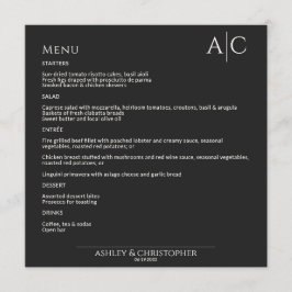 Eenvoudig zwart noir monogram bruiloft receptie menu