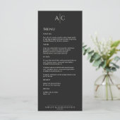 Eenvoudig zwart noir monogram bruiloft receptie menu (Staand voorkant)