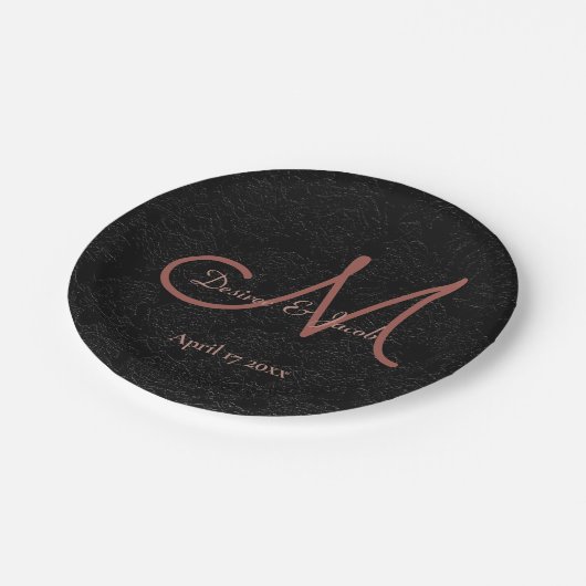 Eenvoudig Zwart Roos Goud Elegant Bruiloft Monogra Papieren Bordje (Gekanteld)