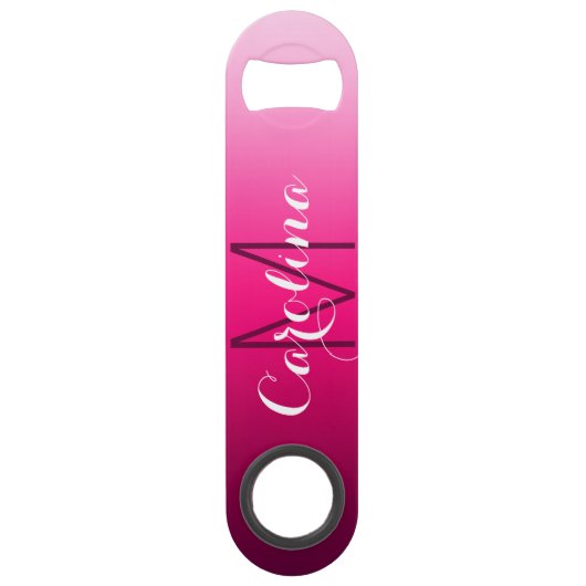 Eenvoudig zwart-roze gradiëntmonogram speed flessenopener (Voorkant)
