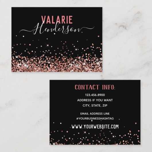 Eenvoudig zwart-roze script glitter visitekaartje (Voorkant / Achterkant)