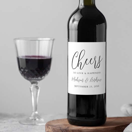 Eenvoudig zwart Script Cheers to Love Wedding Wijn Etiket