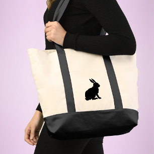Eenvoudig zwart silhouet zittend konijn hoge oren tote bag