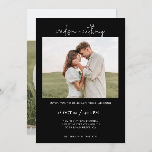 Eenvoudig zwart stijlvol script met foto bruiloft kaart (Voorkant / Achterkant)
