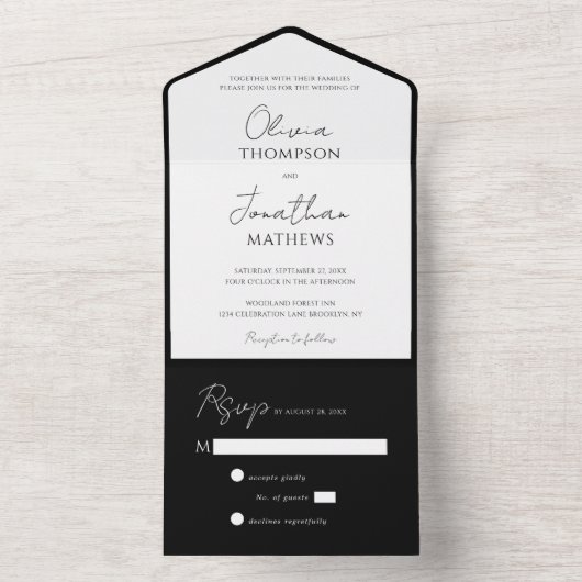 Eenvoudig zwart Stropdas wit script bruiloft All In One Uitnodiging (Binnen)