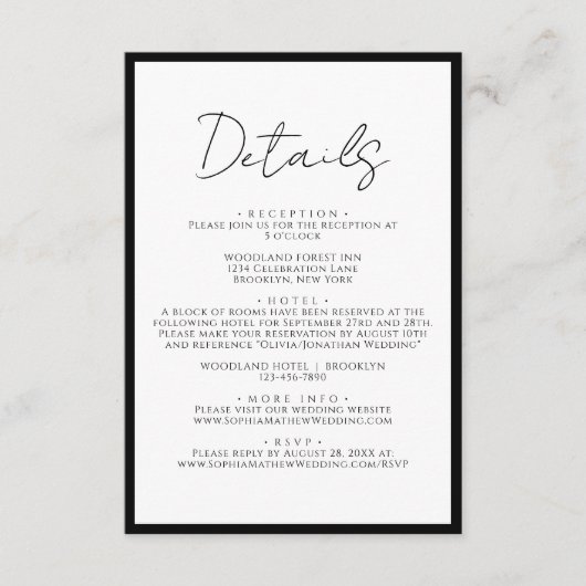 Eenvoudig zwart Stropdas wit script bruiloft detai Informatiekaartje (Voorkant)