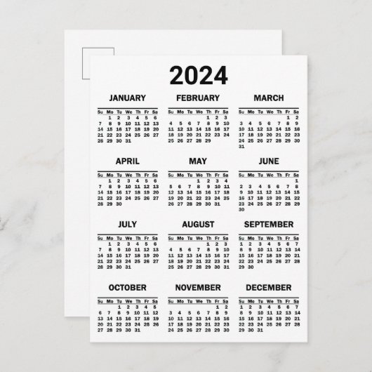 Eenvoudig zwart-wit 2024 jaar in het kort Kalender Briefkaart (Voorkant / Achterkant)