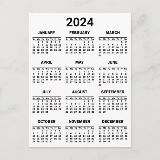 Eenvoudig zwart-wit 2024 jaar in het kort Kalender Briefkaart (Voorkant)
