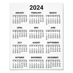 Eenvoudig zwart-wit 2024 jaar in het kort Kalender Foto Afdruk