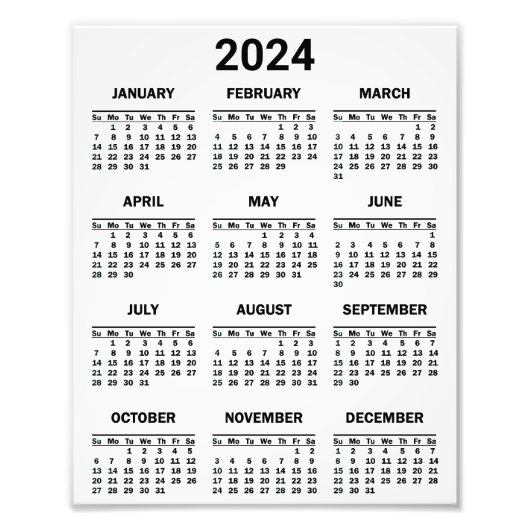 Eenvoudig zwart-wit 2024 jaar in het kort Kalender Foto Afdruk (Voorkant)