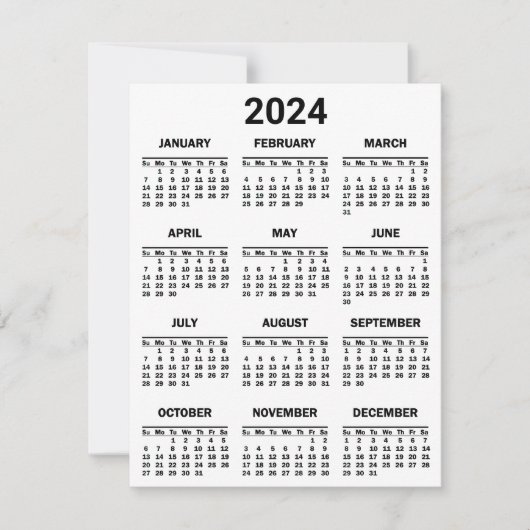 Eenvoudig zwart-wit 2024 jaar in het kort Kalender Kaart (Voorkant)