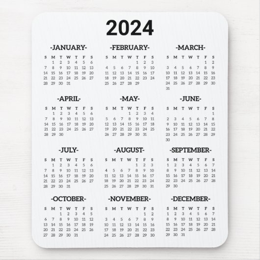 Eenvoudig zwart-wit 2024 jaar in het kort Kalender Muismat (Voorkant)