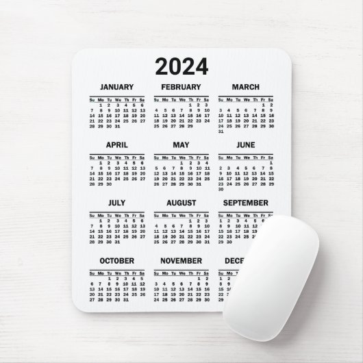 Eenvoudig zwart-wit 2024 jaar in het kort Kalender Muismat (Met muis)