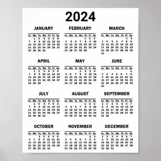 Eenvoudig zwart-wit 2024 jaar in het kort Kalender Poster (Voorkant)