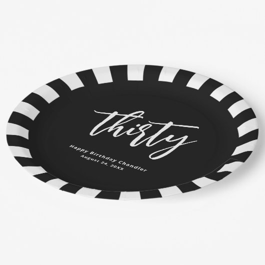 Eenvoudig zwart-wit 30e verjaardagsfeestje papieren bordje (Gekanteld)